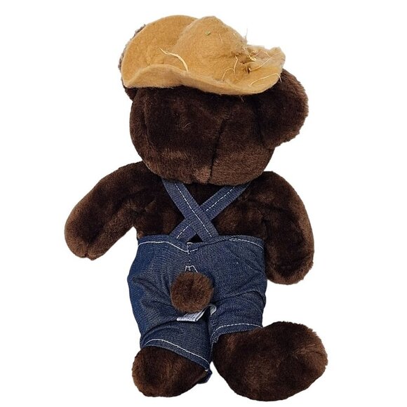 BJ Toy Co Hill Billy Teddy Bear Plush Straw Hat Overalls Stuffed Animal 12.5" - Picture 2 of 4